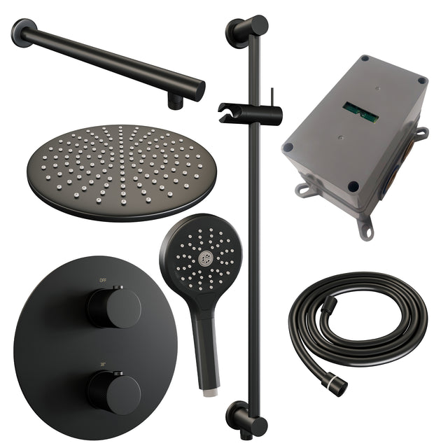 BRAUER Black Carving thermostatische inbouw regendouche 3-weg rond SET 92 met 30 cm douchekop en rechte muurarm en 3-standen handdouche en doucheslang en geïntegreerde glijstang mat zwart 5-S-310