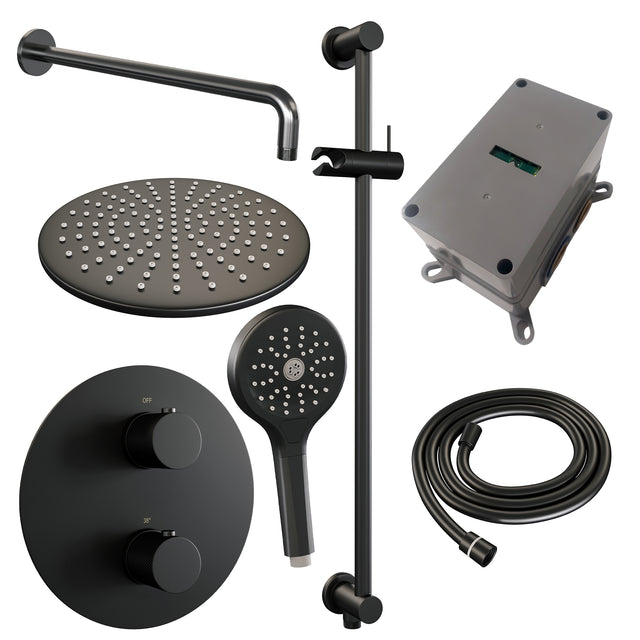 BRAUER Black Carving thermostatische inbouw regendouche 3-weg rond SET 94 met 30 cm douchekop en gebogen muurarm en 3-standen handdouche en doucheslang en geïntegreerde glijstang mat zwart 5-S-312