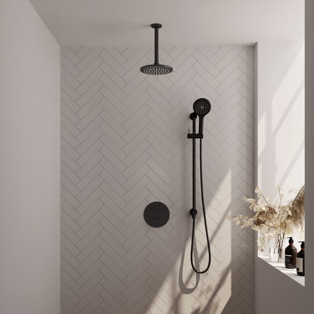 BRAUER Black Carving thermostatische inbouw regendouche 3-weg rond SET 95 met 20 cm douchekop en plafondarm en 3-standen handdouche en doucheslang en geïntegreerde glijstang mat zwart 5-S-313