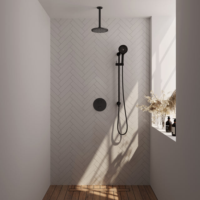 BRAUER Black Carving thermostatische inbouw regendouche 3-weg rond SET 95 met 20 cm douchekop en plafondarm en 3-standen handdouche en doucheslang en geïntegreerde glijstang mat zwart 5-S-313