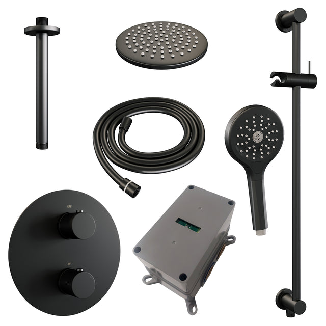 BRAUER Black Carving thermostatische inbouw regendouche 3-weg rond SET 95 met 20 cm douchekop en plafondarm en 3-standen handdouche en doucheslang en geïntegreerde glijstang mat zwart 5-S-313