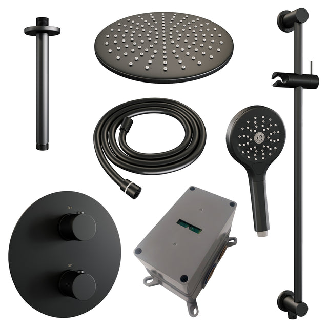 BRAUER Black Carving thermostatische inbouw regendouche 3-weg rond SET 96 met 30 cm douchekop en plafondarm en 3-standen handdouche en doucheslang en geïntegreerde glijstang mat zwart 5-S-314