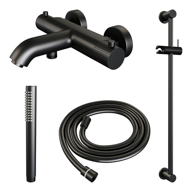 BRAUER Stripe opbouw baddouche thermostaatkraan SET 01 met glijstang en staaf handdouche en doucheslang mat zwart 5-S-340