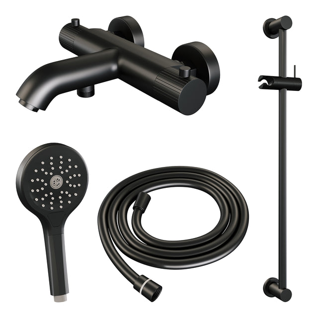 BRAUER Stripe opbouw baddouche thermostaatkraan SET 02 met glijstang en 3-standen handdouche en doucheslang mat zwart 5-S-341