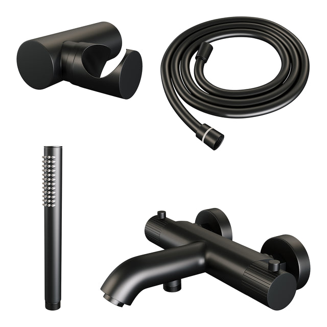 BRAUER Stripe opbouw baddouche thermostaatkraan SET 03 met wandhouder en staaf handdouche en doucheslang mat zwart 5-S-342