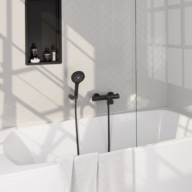 BRAUER Stripe opbouw baddouche thermostaatkraan SET 04 met wandhouder en 3-standen handdouche en doucheslang mat zwart 5-S-343