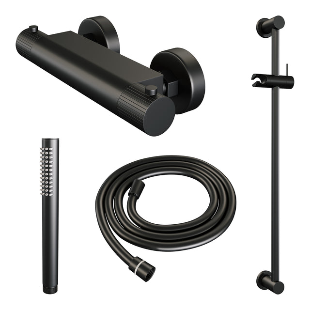BRAUER Stripe opbouw douche thermostaatkraan SET 01 met glijstang en staaf handdouche en doucheslang mat zwart 5-S-345