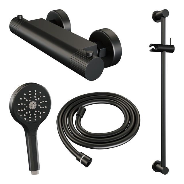 BRAUER Stripe opbouw douche thermostaatkraan SET 02 met glijstang en 3-standen handdouche en doucheslang mat zwart 5-S-346