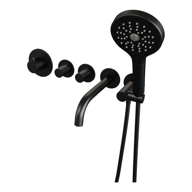 BRAUER Stripe thermostatische inbouw badkraan SET 02 met uitloop en 3-standen handdouche en doucheslang en wandaansluitbocht mat zwart 5-S-358