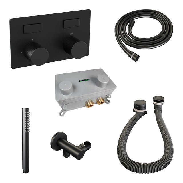 BRAUER Stripe thermostatische inbouw badkraan met drukknoppen SET 03 met badvulcombinatie en staaf handdouche en doucheslang en wandaansluitbocht mat zwart 5-S-361