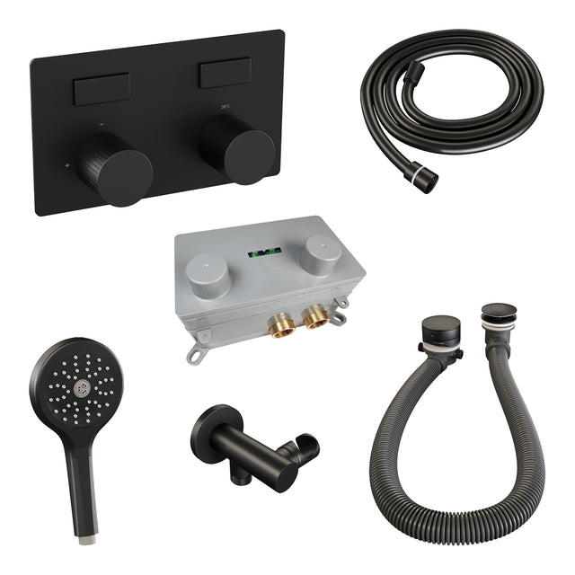 BRAUER Stripe thermostatische inbouw badkraan met drukknoppen SET 04 met badvulcombinatie en 3-standen handdouche en doucheslang en wandaansluitbocht mat zwart 5-S-362