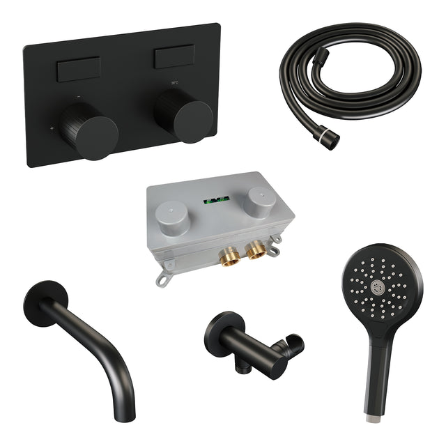 BRAUER Stripe thermostatische inbouw badkraan met drukknoppen SET 04 met uitloop en 3-standen handdouche en doucheslang en wandaansluitbocht mat zwart 5-S-364