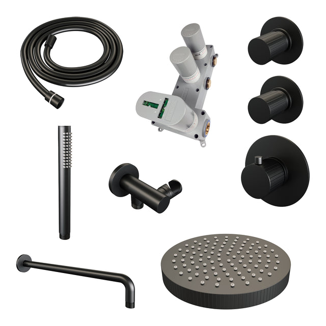 BRAUER Stripe thermostatische inbouw regendouche SET 02 met 25 cm douchekop en gebogen muurarm en staaf handdouche en doucheslang en wandaansluitbocht mat zwart 5-S-367