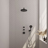 BRAUER Stripe thermostatische inbouw regendouche SET 04 met 25 cm douchekop en rechte muurarm en 3-standen handdouche en doucheslang en wandaansluitbocht mat zwart 5-S-371