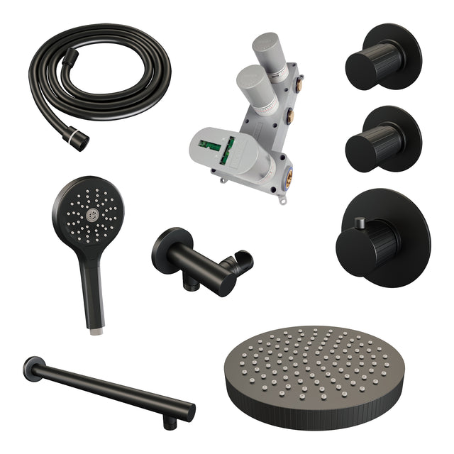 BRAUER Stripe thermostatische inbouw regendouche SET 04 met 25 cm douchekop en rechte muurarm en 3-standen handdouche en doucheslang en wandaansluitbocht mat zwart 5-S-371