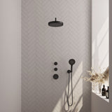 BRAUER Stripe thermostatische inbouw regendouche SET 05 met 25 cm douchekop en gebogen muurarm en 3-standen handdouche en doucheslang en wandaansluitbocht mat zwart 5-S-373
