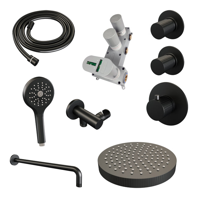 BRAUER Stripe thermostatische inbouw regendouche SET 05 met 25 cm douchekop en gebogen muurarm en 3-standen handdouche en doucheslang en wandaansluitbocht mat zwart 5-S-373