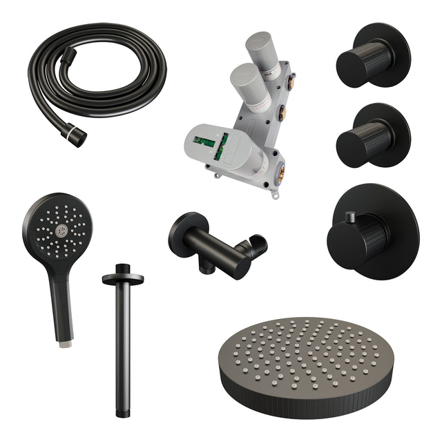 BRAUER Stripe thermostatische inbouw regendouche SET 06 met 25 cm douchekop en plafondarm en 3-standen handdouche en doucheslang en wandaansluitbocht mat zwart 5-S-375