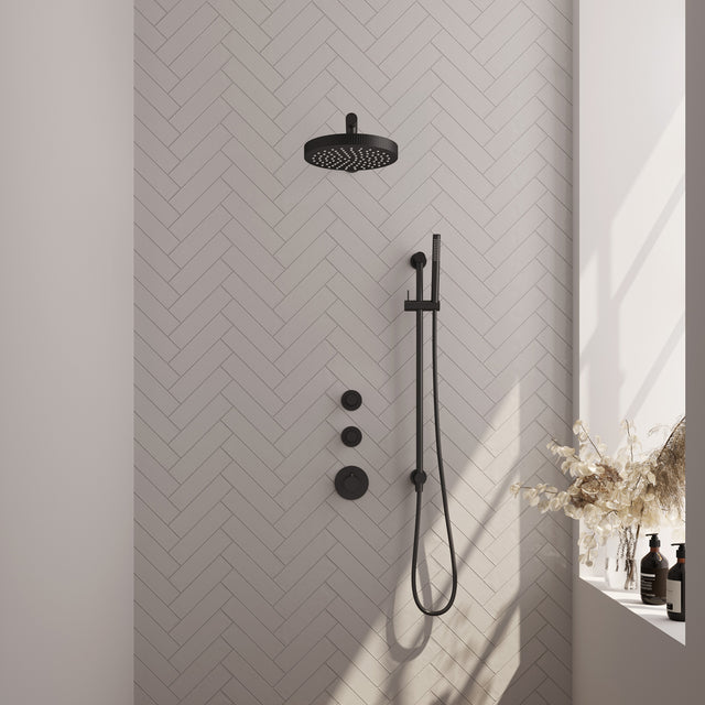 BRAUER Stripe thermostatische inbouw regendouche SET 07 met 25 cm douchekop en rechte muurarm en staaf handdouche en doucheslang en geïntegreerde glijstang mat zwart 5-S-377