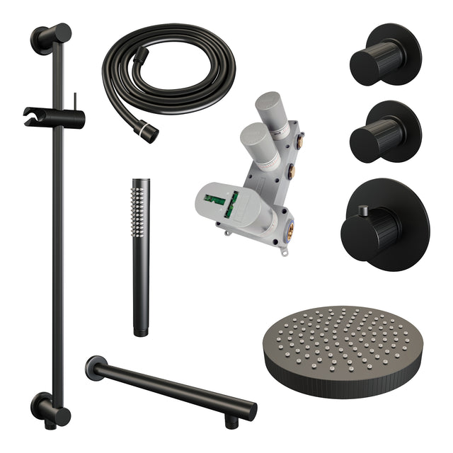 BRAUER Stripe thermostatische inbouw regendouche SET 07 met 25 cm douchekop en rechte muurarm en staaf handdouche en doucheslang en geïntegreerde glijstang mat zwart 5-S-377