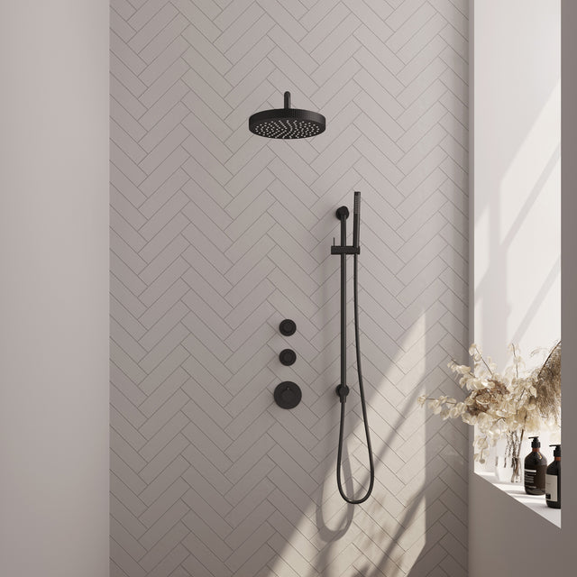 BRAUER Stripe thermostatische inbouw regendouche SET 08 met 25 cm douchekop en gebogen muurarm en staaf handdouche en doucheslang en geïntegreerde glijstang mat zwart 5-S-379