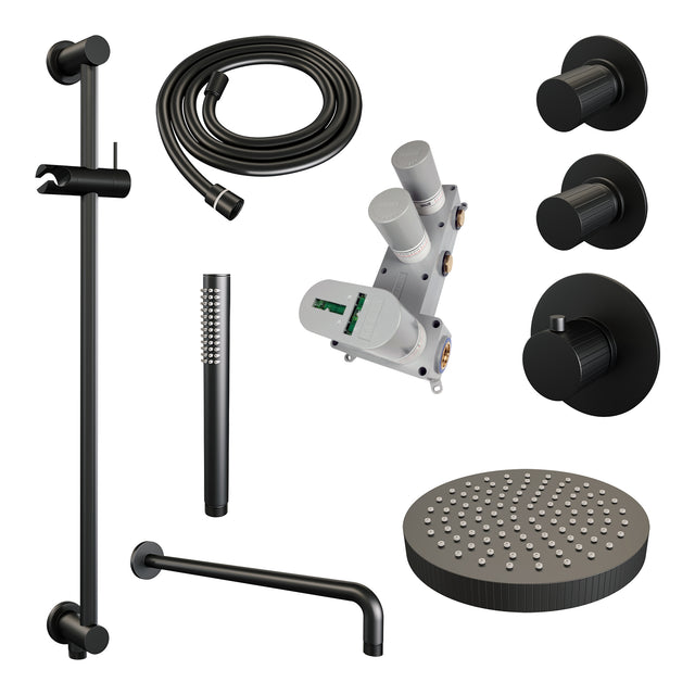 BRAUER Stripe thermostatische inbouw regendouche SET 08 met 25 cm douchekop en gebogen muurarm en staaf handdouche en doucheslang en geïntegreerde glijstang mat zwart 5-S-379