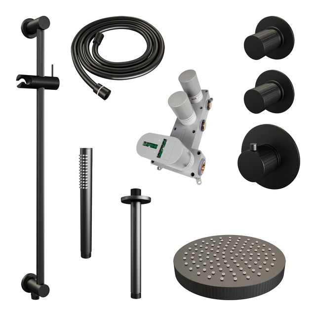 BRAUER Stripe thermostatische inbouw regendouche SET 09 met 25 cm douchekop en plafondarm en staaf handdouche en doucheslang en geïntegreerde glijstang mat zwart 5-S-381