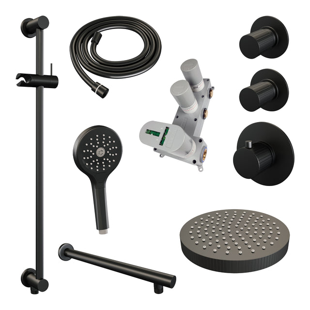 BRAUER Stripe thermostatische inbouw regendouche SET 10 met 25 cm douchekop en rechte muurarm en 3-standen handdouche en doucheslang en geïntegreerde glijstang mat zwart 5-S-383
