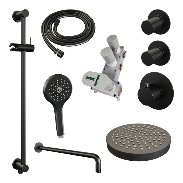 BRAUER Stripe thermostatische inbouw regendouche SET 11 met 25 cm douchekop en gebogen muurarm en 3-standen handdouche en doucheslang en geïntegreerde glijstang mat zwart 5-S-385