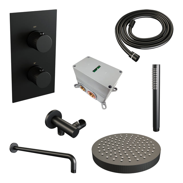 BRAUER Stripe thermostatische inbouw regendouche 3-weg rechthoekig SET 14 met 25 cm douchekop en gebogen muurarm en staaf handdouche en doucheslang en wandaansluitbocht mat zwart 5-S-391