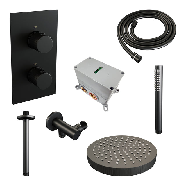 BRAUER Stripe thermostatische inbouw regendouche 3-weg rechthoekig SET 15 met 25 cm douchekop en plafondarm en staaf handdouche en doucheslang en wandaansluitbocht mat zwart 5-S-393