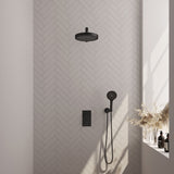 BRAUER Stripe thermostatische inbouw regendouche 3-weg rechthoekig SET 16 met 25 cm douchekop en rechte muurarm en 3-standen handdouche en doucheslang en wandaansluitbocht mat zwart 5-S-395