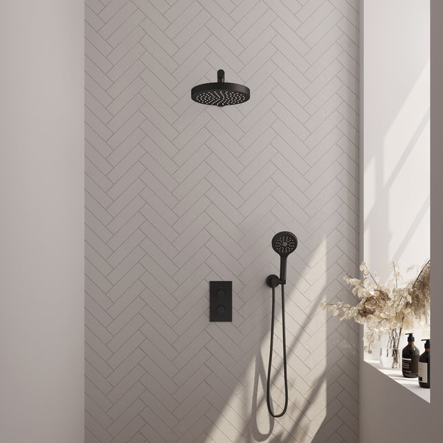 BRAUER Stripe thermostatische inbouw regendouche 3-weg rechthoekig SET 16 met 25 cm douchekop en rechte muurarm en 3-standen handdouche en doucheslang en wandaansluitbocht mat zwart 5-S-395