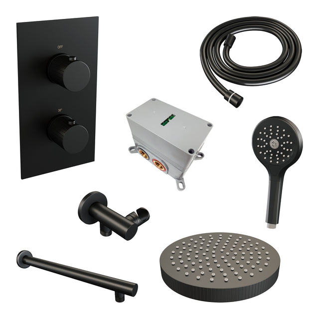 BRAUER Stripe thermostatische inbouw regendouche 3-weg rechthoekig SET 16 met 25 cm douchekop en rechte muurarm en 3-standen handdouche en doucheslang en wandaansluitbocht mat zwart 5-S-395