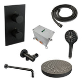 BRAUER Stripe thermostatische inbouw regendouche 3-weg rechthoekig SET 17 met 25 cm douchekop en gebogen muurarm en 3-standen handdouche en doucheslang en wandaansluitbocht mat zwart 5-S-397