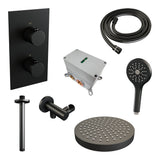 BRAUER Stripe thermostatische inbouw regendouche 3-weg rechthoekig SET 18 met 25 cm douchekop en plafondarm en 3-standen handdouche en doucheslang en wandaansluitbocht mat zwart 5-S-399