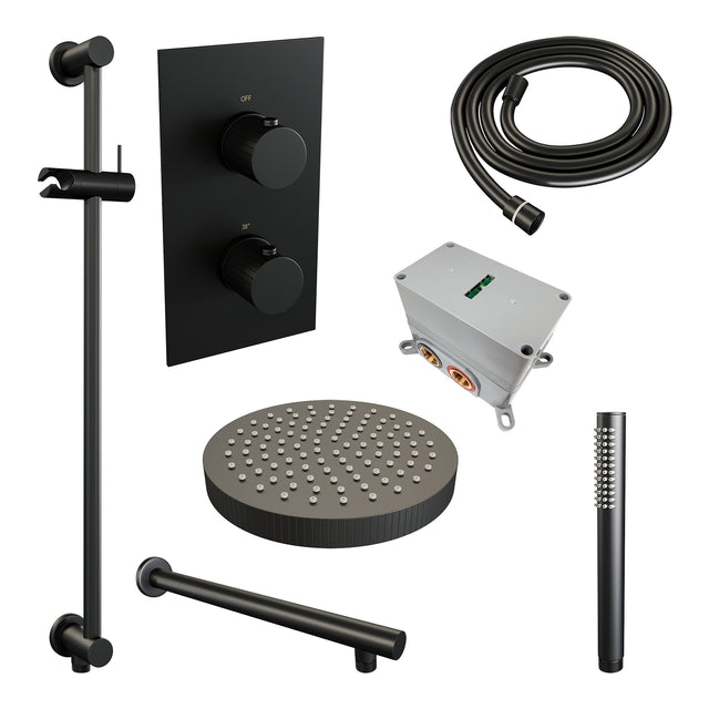 BRAUER Stripe thermostatische inbouw regendouche 3-weg rechthoekig SET 19 met 25 cm douchekop en rechte muurarm en staaf handdouche en doucheslang en geïntegreerde glijstang mat zwart 5-S-401