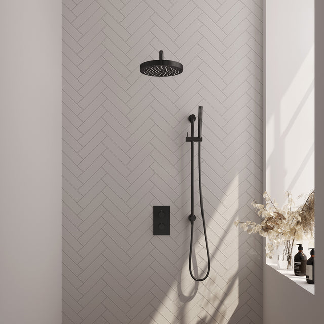 BRAUER Stripe thermostatische inbouw regendouche 3-weg rechthoekig SET 20 met 25 cm douchekop en gebogen muurarm en staaf handdouche en doucheslang en geïntegreerde glijstang mat zwart 5-S-403