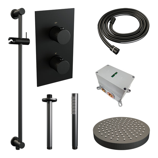BRAUER Stripe thermostatische inbouw regendouche 3-weg rechthoekig SET 21 met 25 cm douchekop en plafondarm en staaf handdouche en doucheslang en geïntegreerde glijstang mat zwart 5-S-405