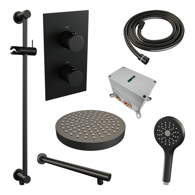 BRAUER Stripe thermostatische inbouw regendouche 3-weg rechthoekig SET 22 met 25 cm douchekop en rechte muurarm en 3-standen handdouche en doucheslang en geïntegreerde glijstang mat zwart 5-S-407