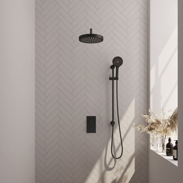 BRAUER Stripe thermostatische inbouw regendouche 3-weg rechthoekig SET 23 met 25 cm douchekop en gebogen muurarm en 3-standen handdouche en doucheslang en geïntegreerde glijstang mat zwart 5-S-409