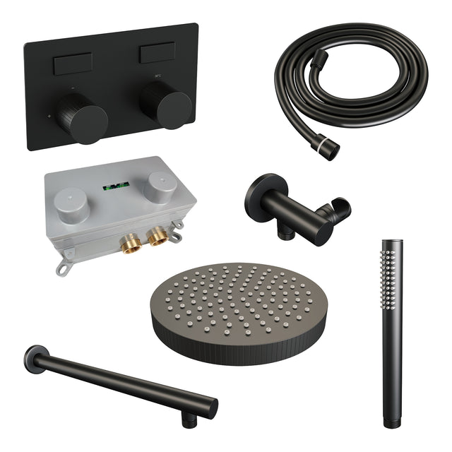 BRAUER Stripe thermostatische inbouw regendouche met drukknoppen SET 25 met 25 cm douchekop en rechte muurarm en staaf handdouche en doucheslang en wandaansluitbocht mat zwart 5-S-413