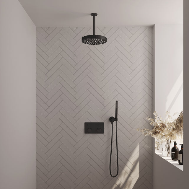 BRAUER Stripe thermostatische inbouw regendouche met drukknoppen SET 27 met 25 cm douchekop en plafondarm en staaf handdouche en doucheslang en wandaansluitbocht mat zwart 5-S-417