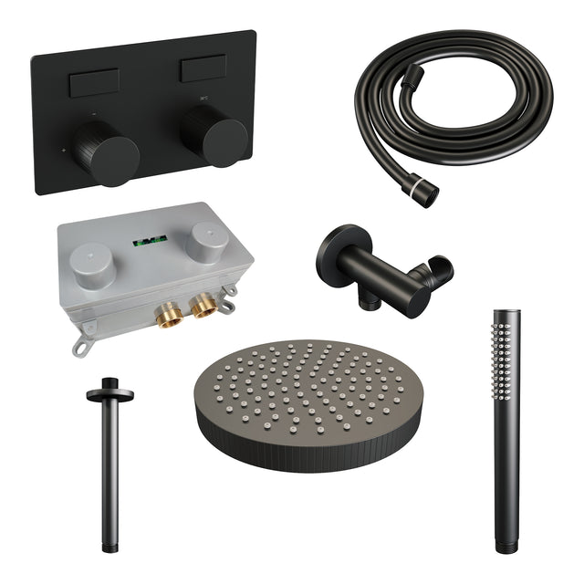 BRAUER Stripe thermostatische inbouw regendouche met drukknoppen SET 27 met 25 cm douchekop en plafondarm en staaf handdouche en doucheslang en wandaansluitbocht mat zwart 5-S-417