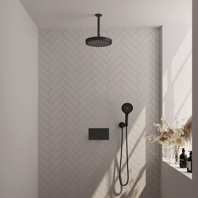 BRAUER Stripe thermostatische inbouw regendouche met drukknoppen SET 30 met 25 cm douchekop en plafondarm en 3-standen handdouche en doucheslang en wandaansluitbocht mat zwart 5-S-423