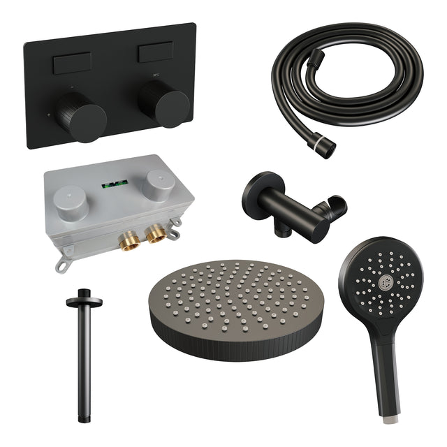 BRAUER Stripe thermostatische inbouw regendouche met drukknoppen SET 30 met 25 cm douchekop en plafondarm en 3-standen handdouche en doucheslang en wandaansluitbocht mat zwart 5-S-423