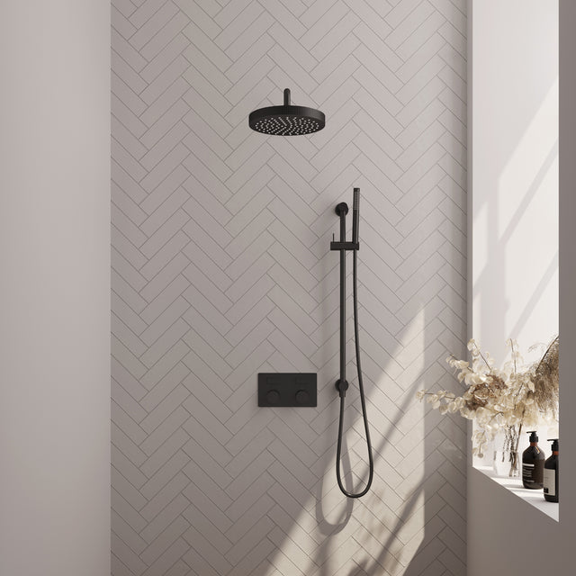 BRAUER Stripe thermostatische inbouw regendouche met drukknoppen SET 32 met 25 cm douchekop en gebogen muurarm en staaf handdouche en doucheslang en geïntegreerde glijstang mat zwart 5-S-427