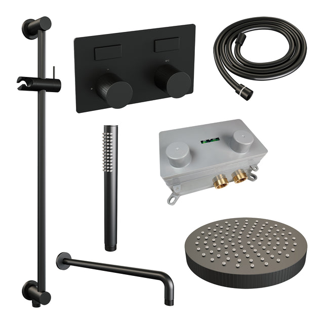 BRAUER Stripe thermostatische inbouw regendouche met drukknoppen SET 32 met 25 cm douchekop en gebogen muurarm en staaf handdouche en doucheslang en geïntegreerde glijstang mat zwart 5-S-427