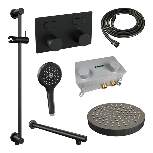 BRAUER Stripe thermostatische inbouw regendouche met drukknoppen SET 34 met 25 cm douchekop en rechte muurarm en 3-standen handdouche en doucheslang en geïntegreerde glijstang mat zwart 5-S-431