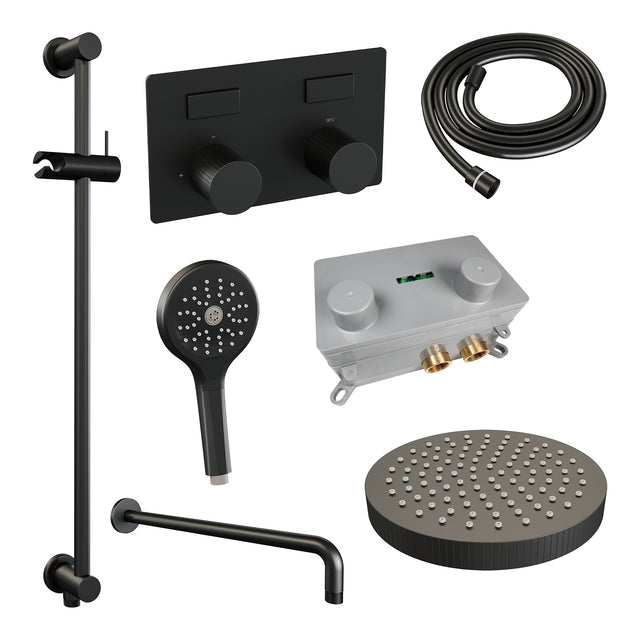 BRAUER Stripe thermostatische inbouw regendouche met drukknoppen SET 35 met 25 cm douchekop en gebogen muurarm en 3-standen handdouche en doucheslang en geïntegreerde glijstang mat zwart 5-S-433